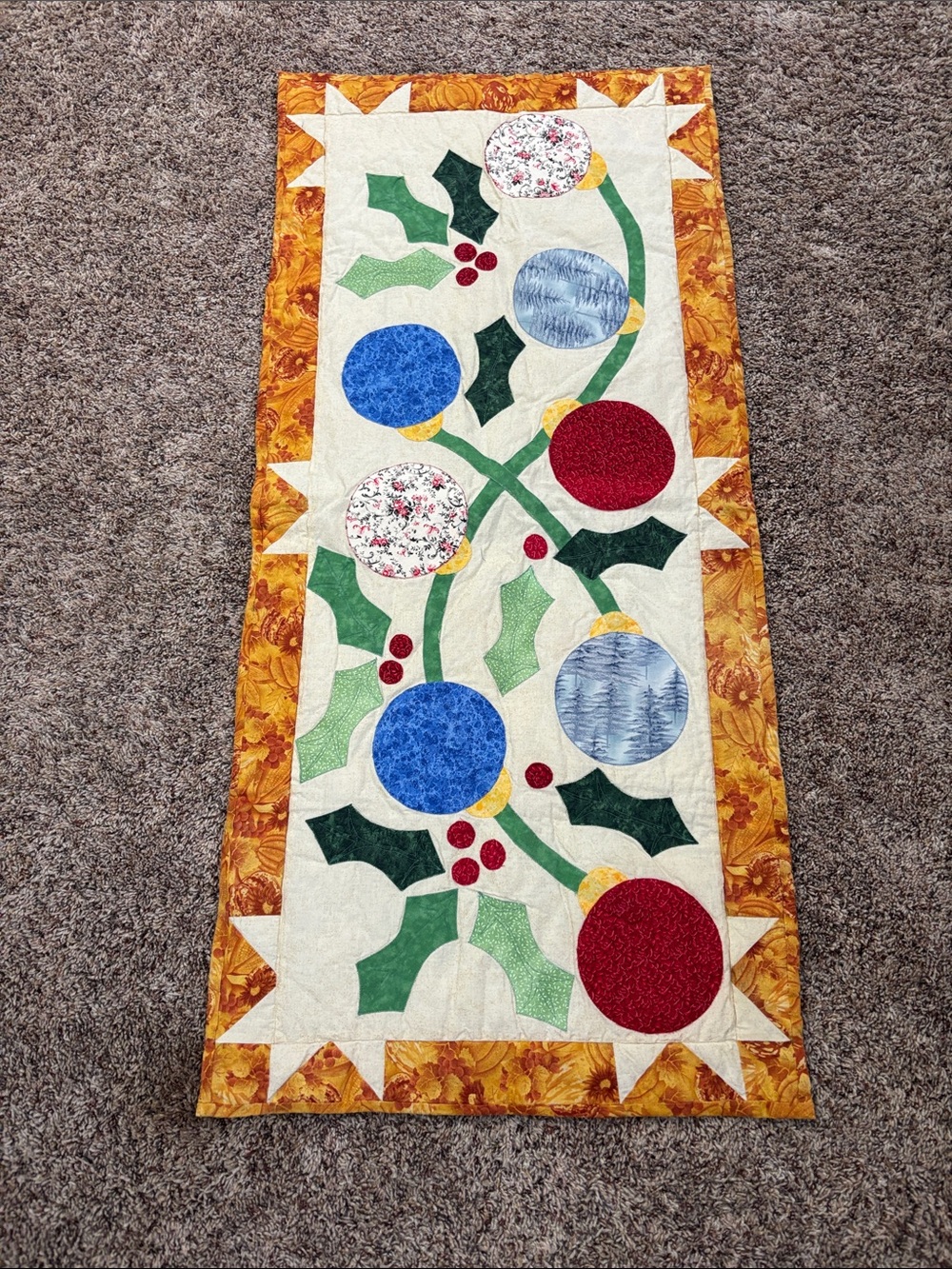 Hand Crafted Holiday Table Runner in Red, Blue, Green and Gold